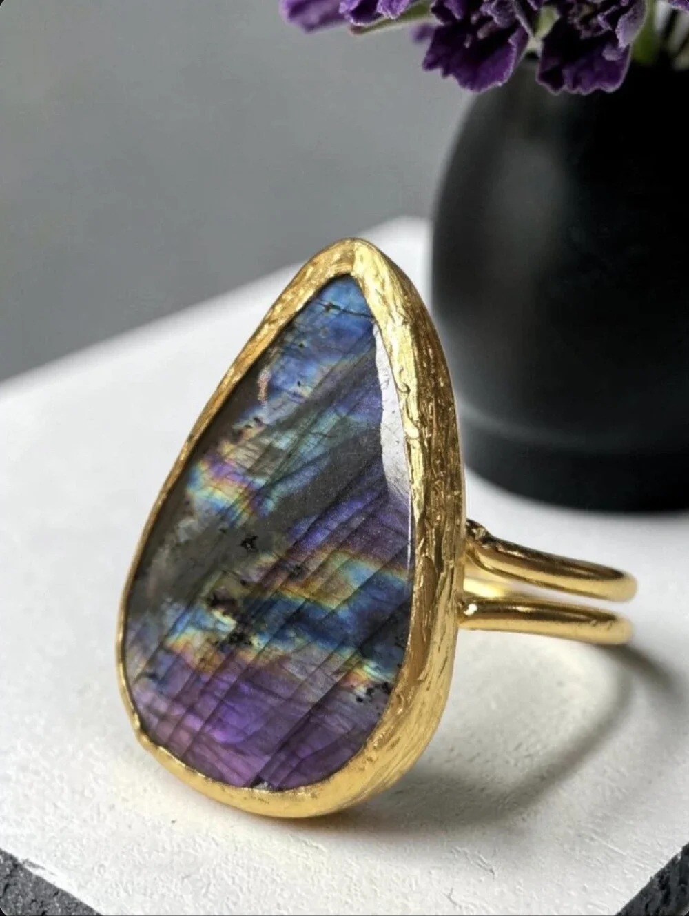 Best 22k Gold Plated Teardrop Genuine Rainbow Flash Labradorite Statement Ring